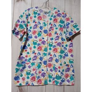 Peaches Scrub Top Ladies Medium White Aquamarine Hearts Button‎ Front